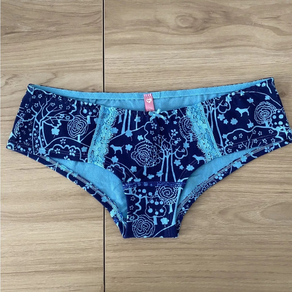 NWOT Victoria Secret PINK - Blue Dog Forest with Lace Cheeky Hipster - XS